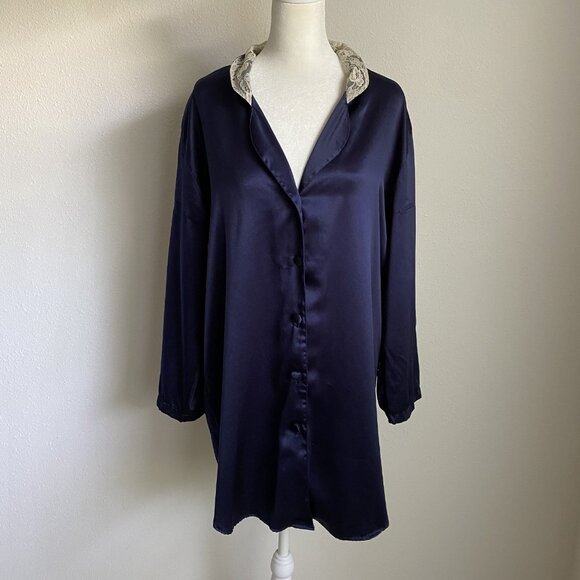VTG Victoria's Secret Womens P/S Satin Night Shirt Navy w Nude Lace Trim Collar - Picture 1 of 10